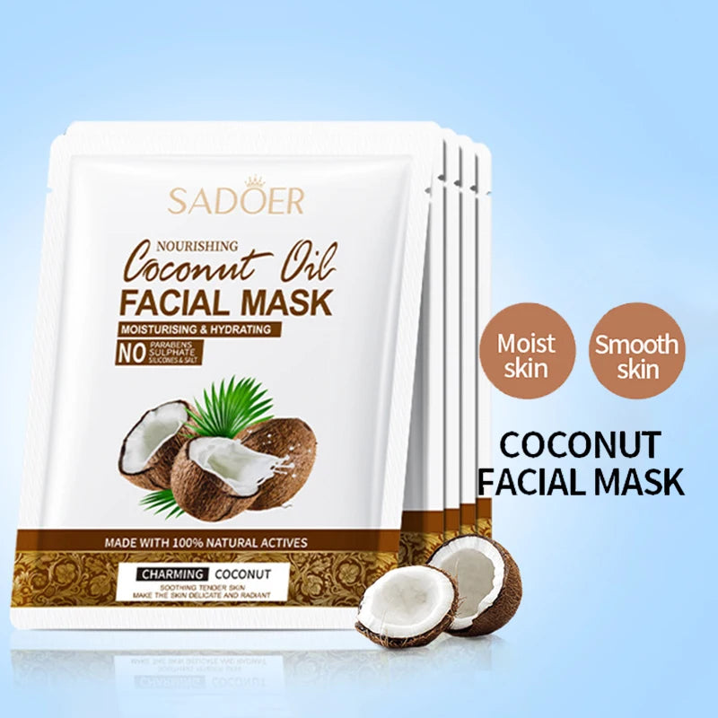 Mascarilla Facial de Coco SADOER — Pack de 5 Unidades | Hidratación y Firmeza