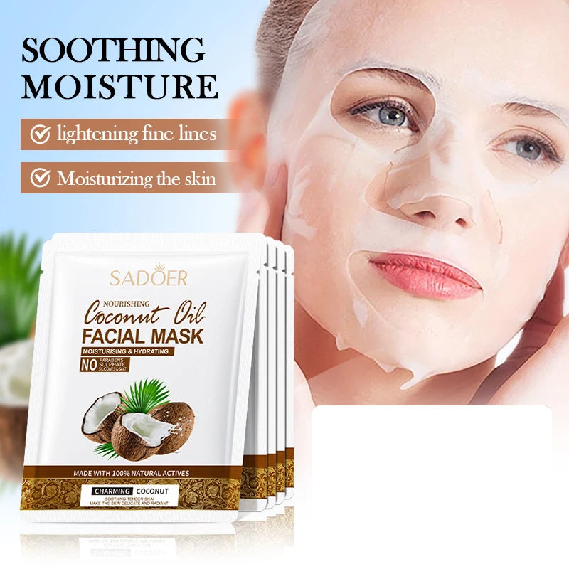 Mascarilla Facial de Coco SADOER — Pack de 5 Unidades | Hidratación y Firmeza