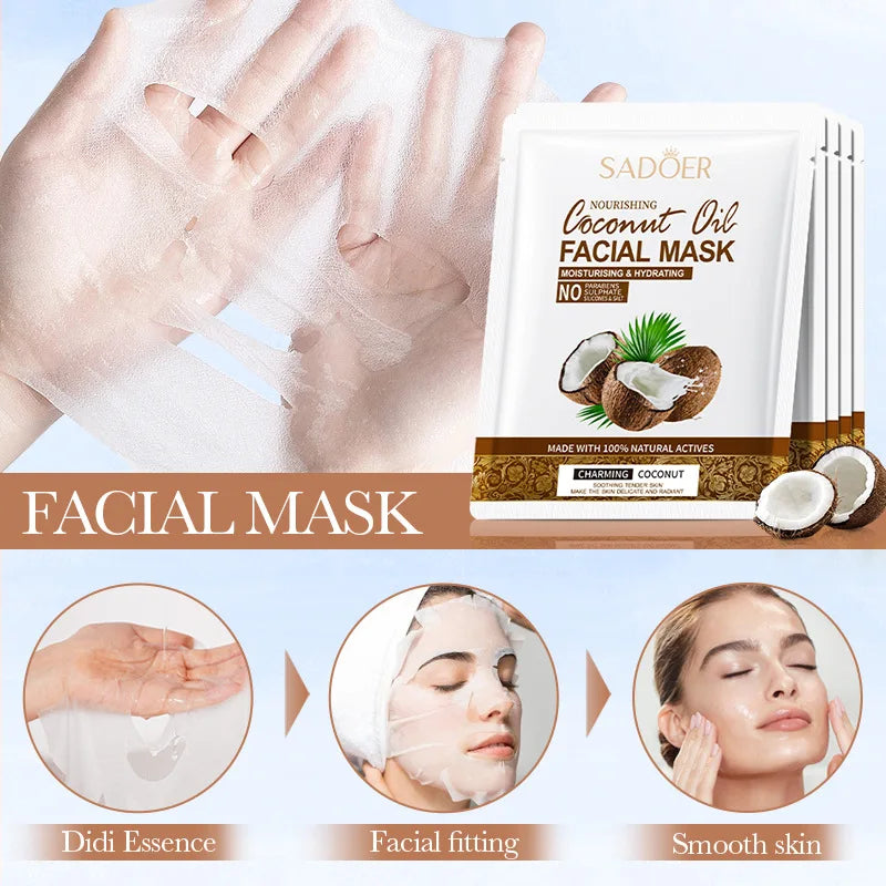 Mascarilla Facial de Coco SADOER — Pack de 5 Unidades | Hidratación y Firmeza